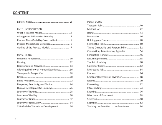 Page 1 of Table of Contents for The Therapy of Allowance: Introduction to the Process Model of Psychotherapy by Don Hadlock, LMFT and PTI Community