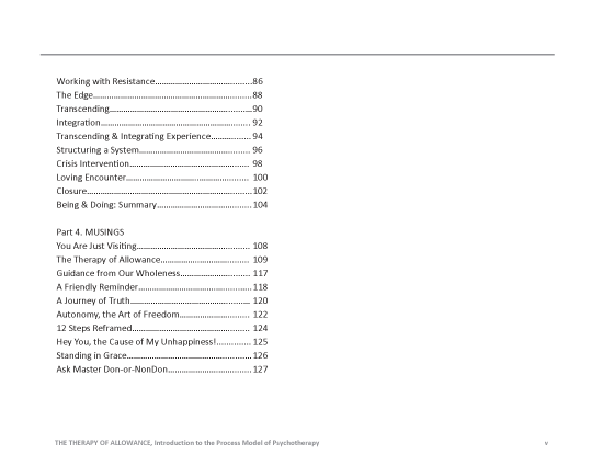 Page 2 of Table of Contents for The Therapy of Allowance: Introduction to the Process Model of Psychotherapy by Don Hadlock, LMFT and PTI Community